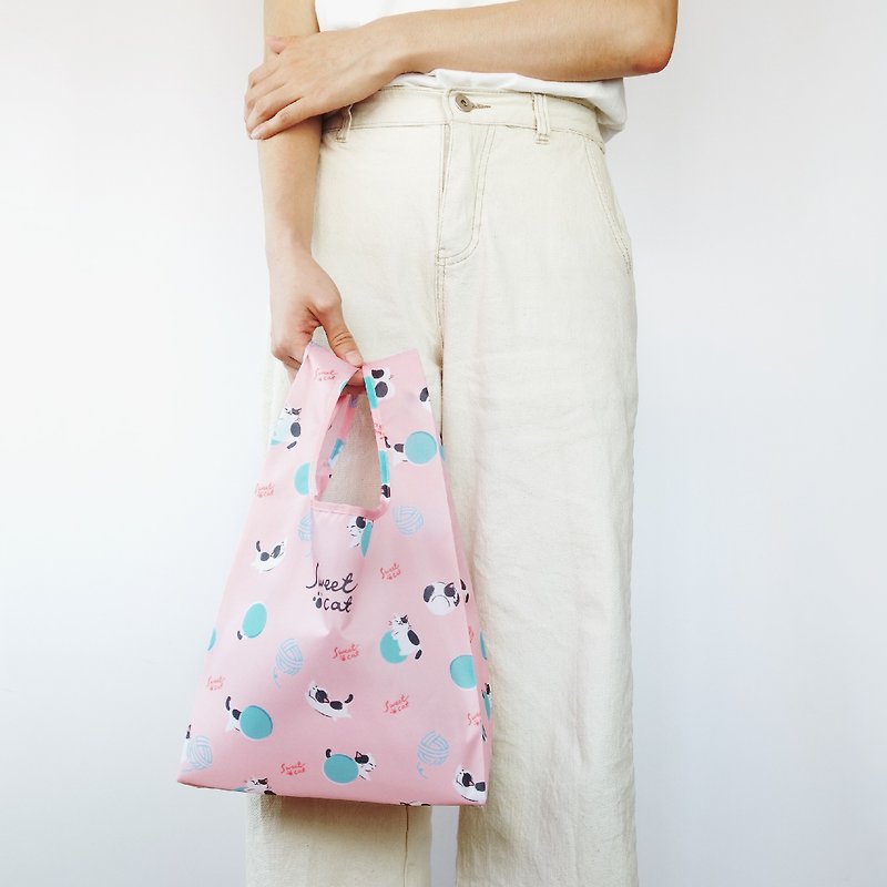 环保购物袋【袋走-慵懒猫咪】附挂袋 可折叠收纳 - 手提包/手提袋 - 聚酯纤维 粉红色