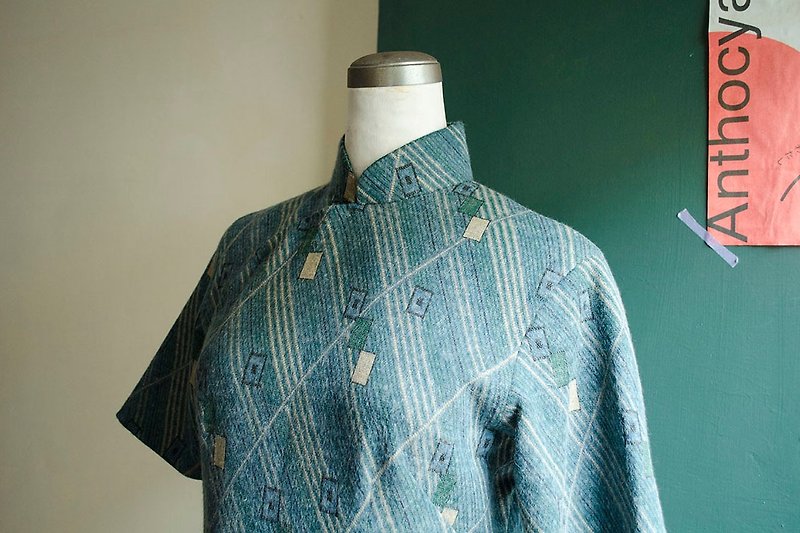 客订碧绿柠黄羊毛斜线方块短袖上海古董旗袍 | vintage莞洱古着 - 洋装/连衣裙 - 羊毛 