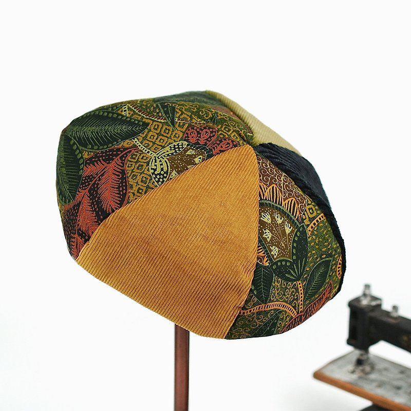 小牛村 手工贝雷帽 贝蕾帽 复古植物 灯芯绒【金箔丛林】B-07 - 帽子 - 棉．麻 咖啡色