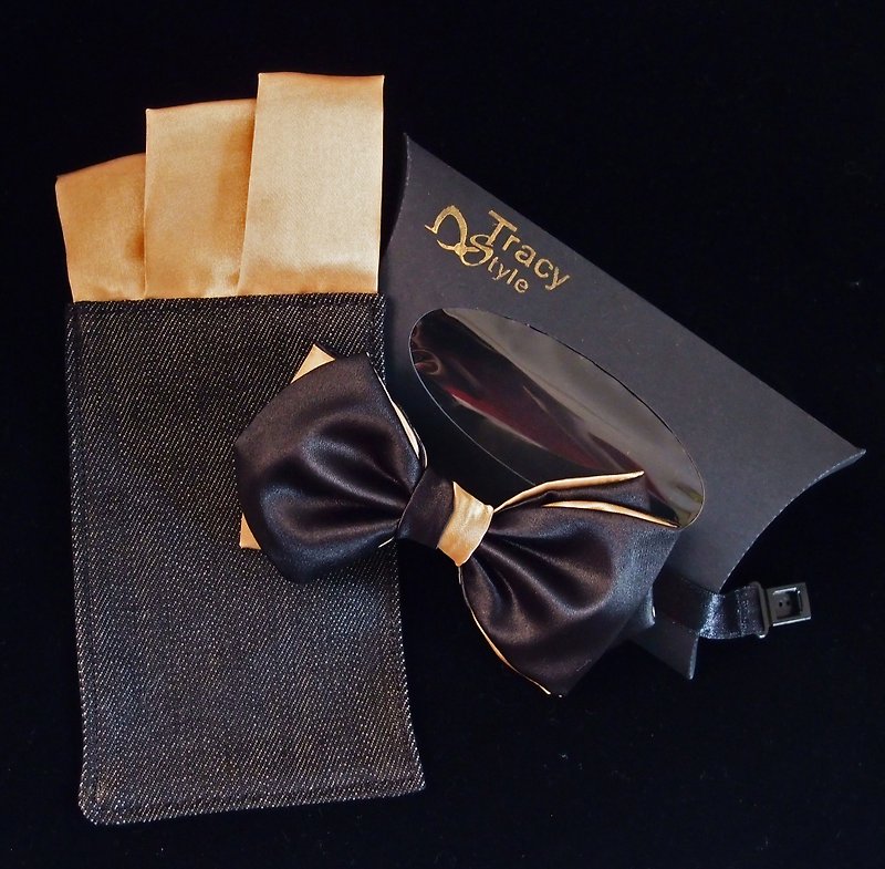 黑金领结Bow tie +口袋巾pocket square 整组特价 - 领结/领巾 - 其他人造纤维 金色