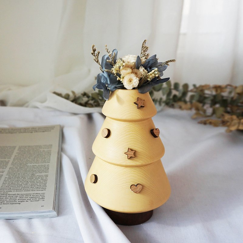 圣诞桧木花器 圣诞树 花器 笔筒 交换礼物 赠永生花材 礼盒 - 花瓶/陶器 - 木头 黄色