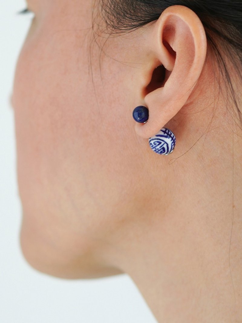 青花瓷前后耳钉 VISHI天然青金石女轻奢小众设计高级感气质耳饰品 - 耳环/耳夹 - 银 蓝色