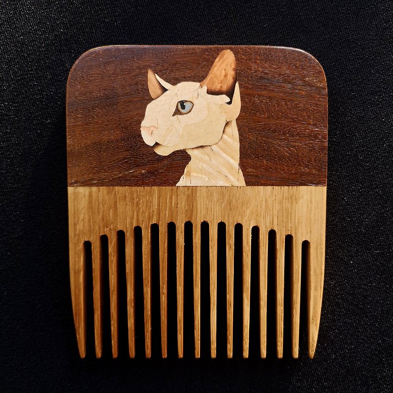 Wooden cat decor hair comb / handmade Sphynx animal decor mosaics inlay 木梳 兔子 - 其他 - 木头 金色