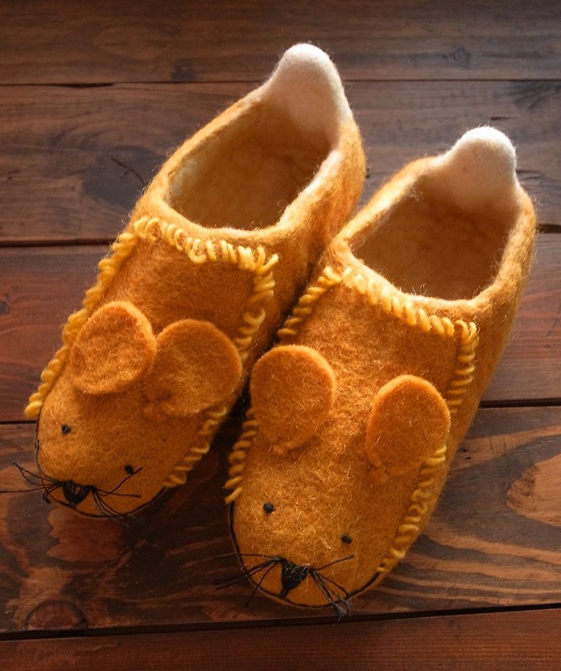 羊毛毡 手工鞋 室内鞋 室内拖 动物 狮子 23cm / 24cm - 室内拖鞋 - 羊毛 橘色
