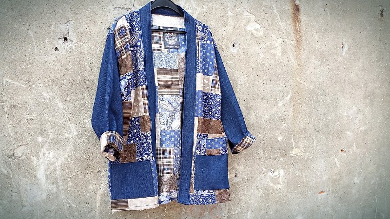 AMIN'S SHINY WORLD手工订制KIMONO变形虫拼布接单宁罩衫大衣 - 男装外套 - 其他材质 蓝色