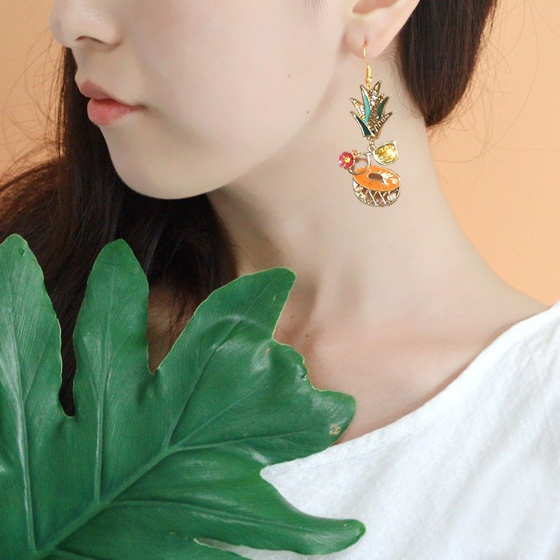 凤梨耳环 甜美可爱水果耳夹 个性夸张长款耳坠 礼物 - 耳环/耳夹 - 其他金属 橘色