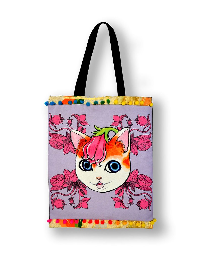 GOOKASO 双面购物袋 TOTE BAG 紫草猫咪 棉麻印花图案 背面日本和服织锦绸缎 缀彩色小球花边 - 其他 - 棉．麻 紫色