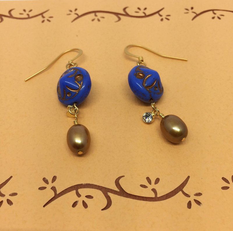 描金珍珠耳环  蓝色珠和金色珍珠 - 耳环/耳夹 - 其他材质 