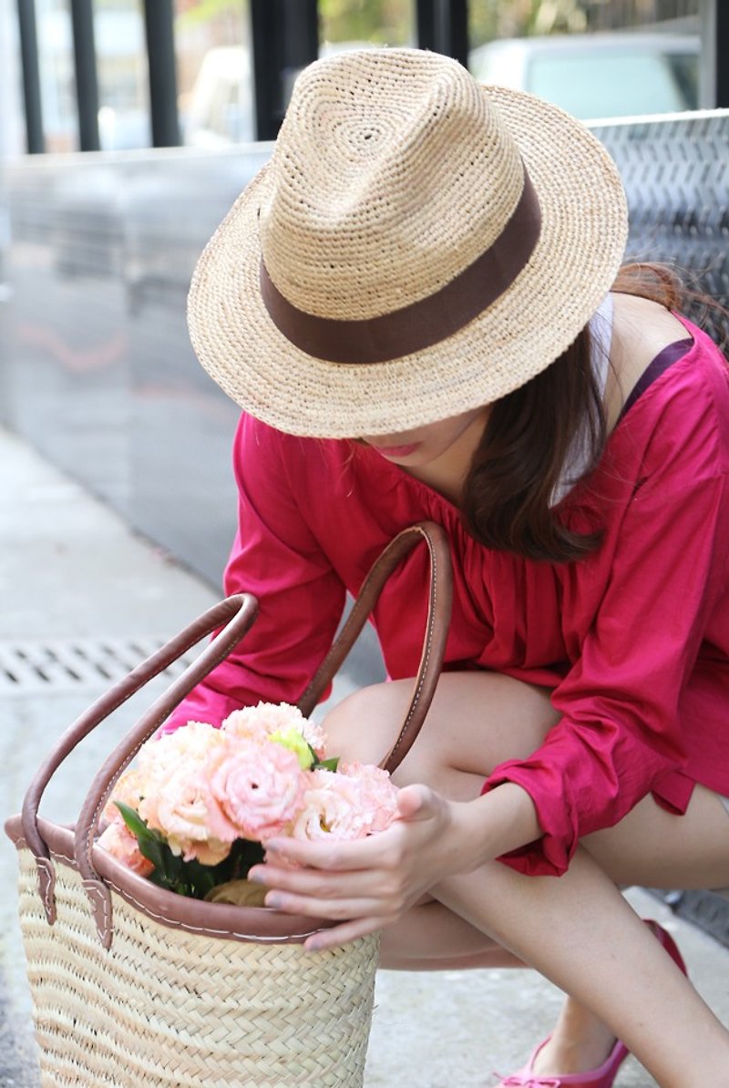Fedora咖啡缎带款 拉菲草帽 - 帽子 - 植物．花 