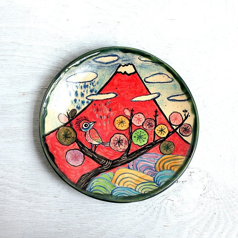 「鳥と梅と赤富士」木版画調の色絵皿 - 花瓶/陶器 - 陶 多色