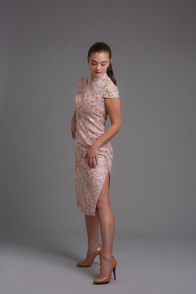 新星空短袖蕾丝旗袍 |礼服|婚礼嘉宾衣着|香港设计|奶奶裙|气质 - 旗袍 - 聚酯纤维 粉红色