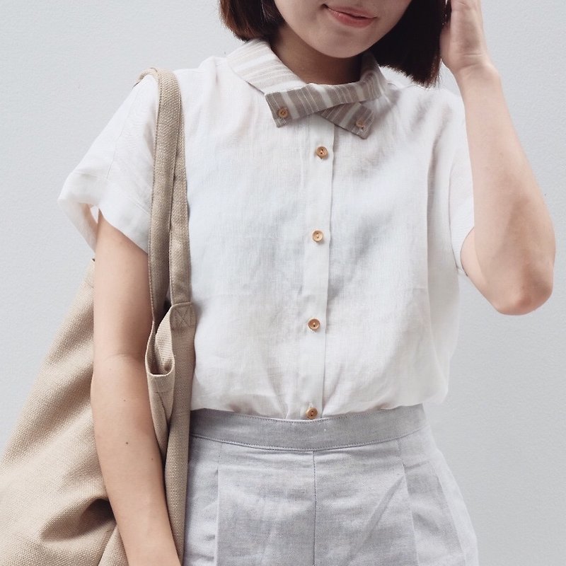 X-Cross Collar Shirt : White Linen - 女装上衣 - 棉．麻 白色