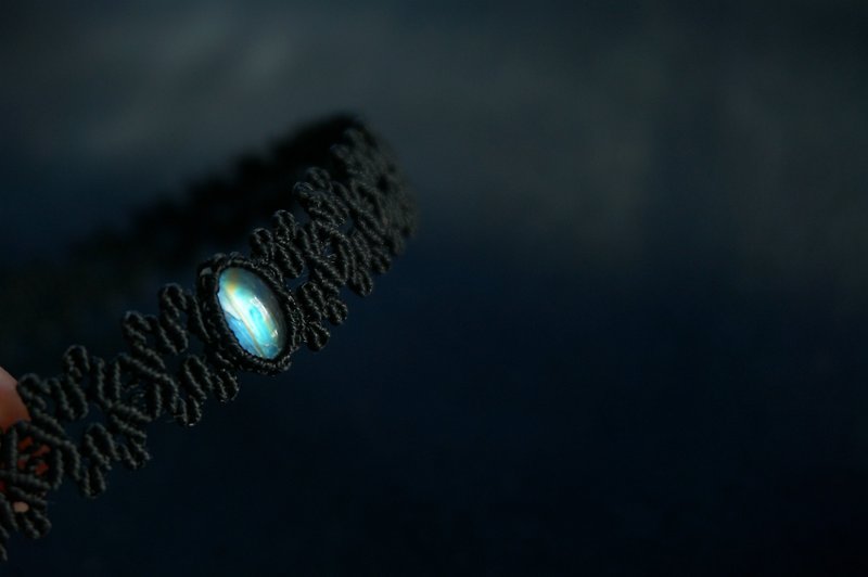 原創設計天然石macrame手工編繩月光石颈链moonstone choker - 颈链 - 宝石 黑色