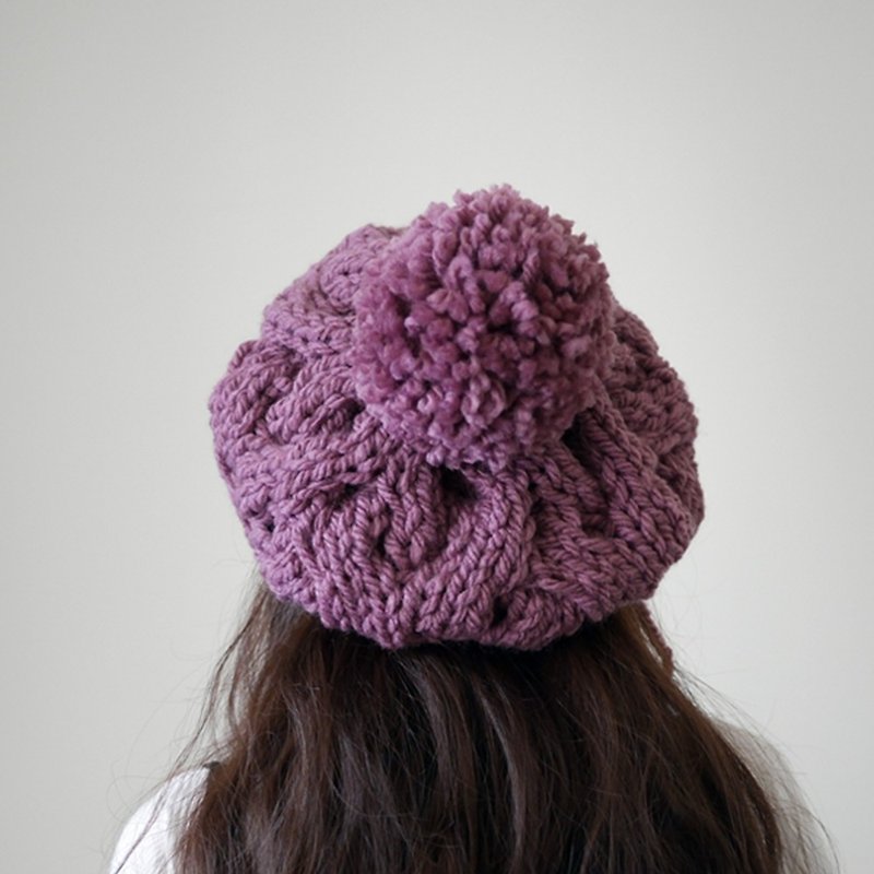 粗针麻花可拆毛球针织毛线贝蕾帽-兰花紫 - 帽子 - 羊毛 紫色