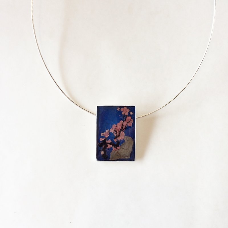 红梅 银艺术品吊坠Pendant+Necklace/925 Silver/Jewelry/Unique Gift - 项链 - 其他金属 蓝色