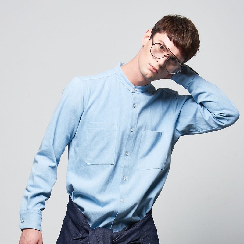 Stone@s Denim Shirt / 单宁 牛仔 立领 罩衫 衬衫 - 男装衬衫 - 棉．麻 蓝色