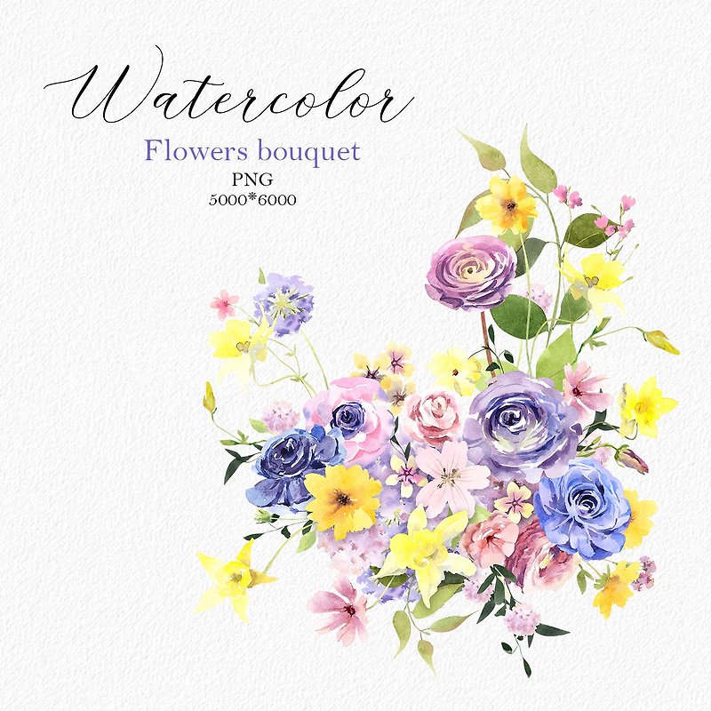 Watercolor delicate lilac yellow flowers bouquet, PNG Digital file - 插画/绘画/写字 - 其他材质 
