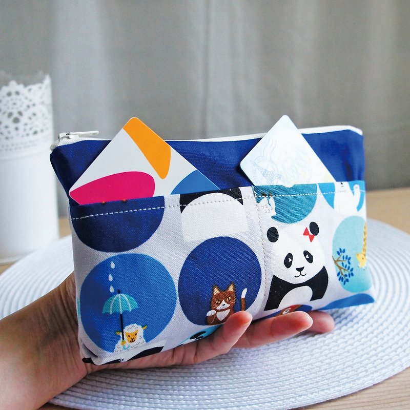 Lovely【日本布订制】熊猫与动物多分隔笔袋、工具袋、蓝 - 铅笔盒/笔袋 - 棉．麻 蓝色