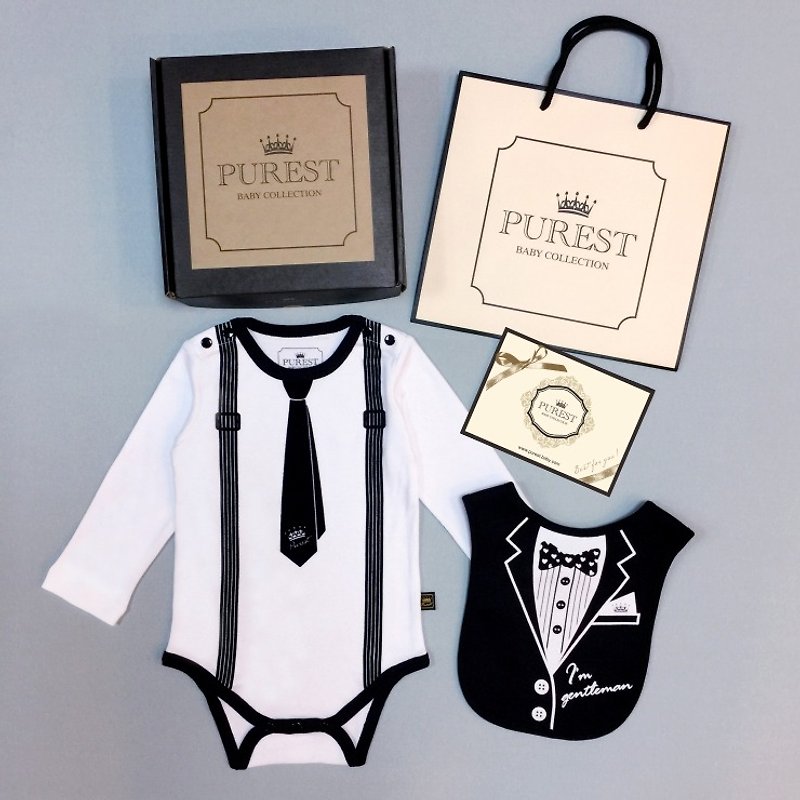 PUREST 小绅士 长袖领带衣+西装兜 宝宝弥月 婴儿 新生儿礼盒组 - 满月礼盒 - 棉．麻 黑色