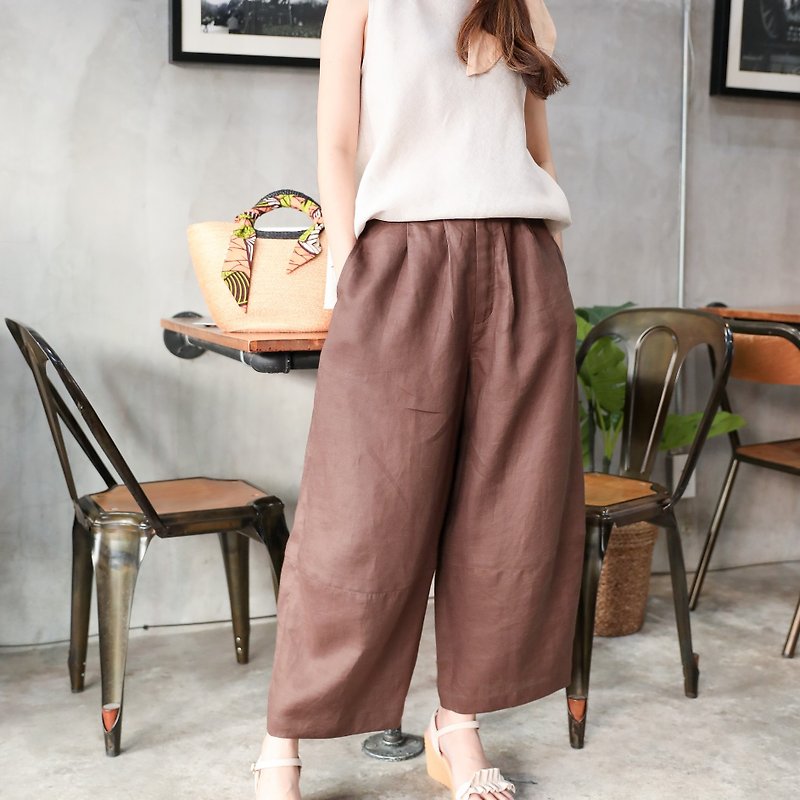 Natural  Linen Pants with stitching details at the leg  - Chocolate Brown - 女装长裤 - 亚麻 咖啡色