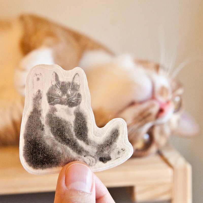 水墨猫咪和纸贴纸 - 练瑜珈的猫 - 贴纸 - 纸 灰色