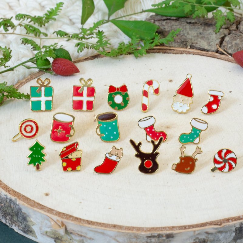 【17款圣诞耳环】圣诞礼物 拐杖糖 交换礼物 夹式耳环 - 耳环/耳夹 - 珐琅 红色