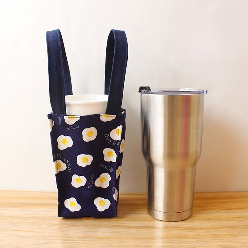 荷包蛋图案饮料提袋(大) 环保杯袋 冰霸杯袋 - 随行杯提袋/水壶袋 - 棉．麻 蓝色