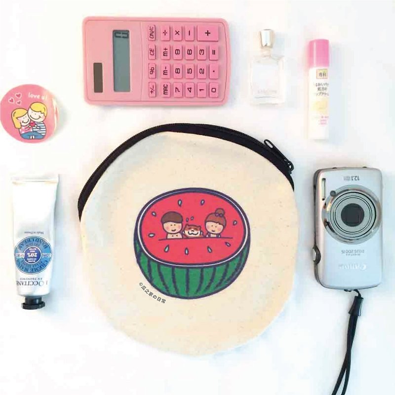 西瓜の日常 猫帆布圆型包 手工印制 Make-up bag - 化妆包/杂物包 - 棉．麻 红色