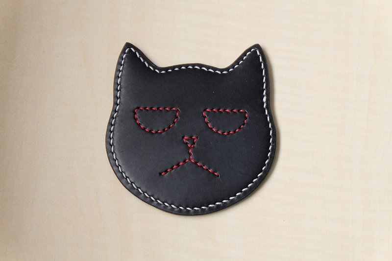 黑色皮革猫咪杯垫 意大利植鞣皮 - 杯垫 - 真皮 黑色