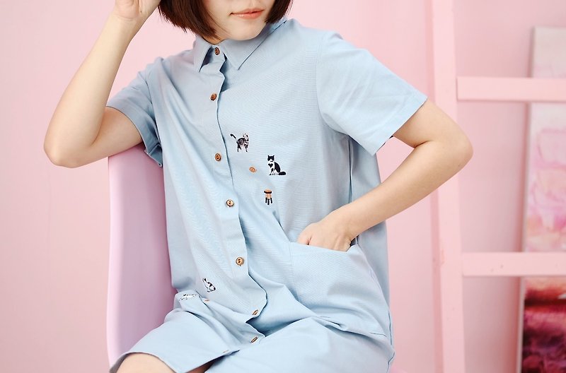Shirt Dress (Cat Person) : Baby Blue - 洋装/连衣裙 - 绣线 蓝色