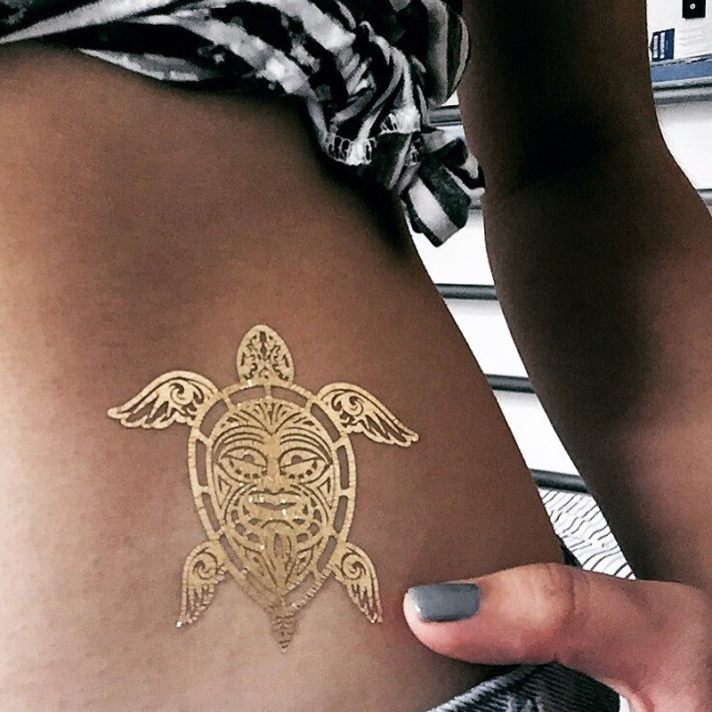 OhMyTat 烫金海龟 Metallic Gold Sea Turtle 纹身贴纸 (2 张) - 纹身贴 - 纸 金色