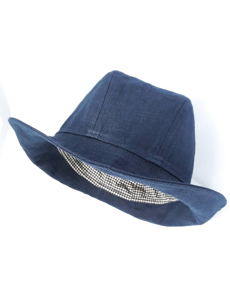 藏青深蓝亚麻绅士帽(Fedora) - 帽子 - 棉．麻 蓝色