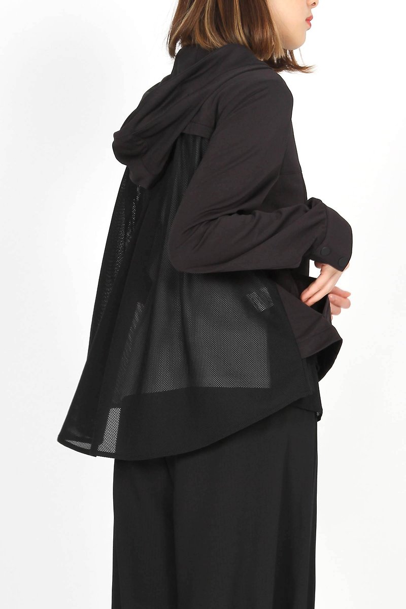 荷叶下摆后拼网外套 - 女装休闲/机能外套 - 聚酯纤维 黑色