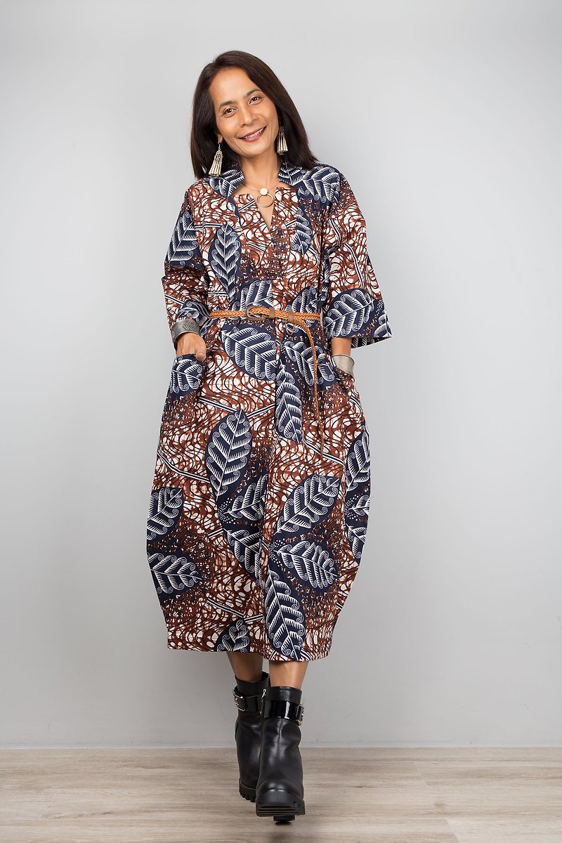 Midi Ankara loose fit dress with pockets, one-piece dress , unique design - 洋装/连衣裙 - 棉．麻 咖啡色