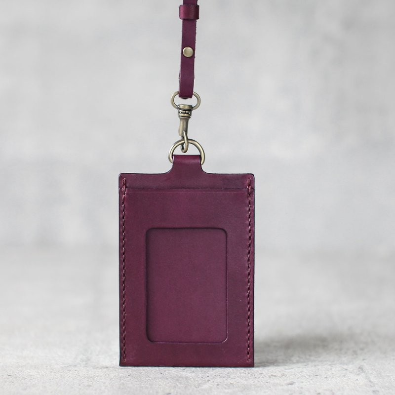 深葡萄紫色植鞣真皮手工直式/横式证件卡套 含可调挂绳 双卡夹 - 证件套/卡套 - 真皮 紫色