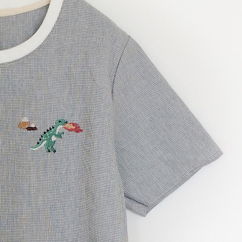 T rex embroidery - shirt - 女装上衣 - 棉．麻 灰色