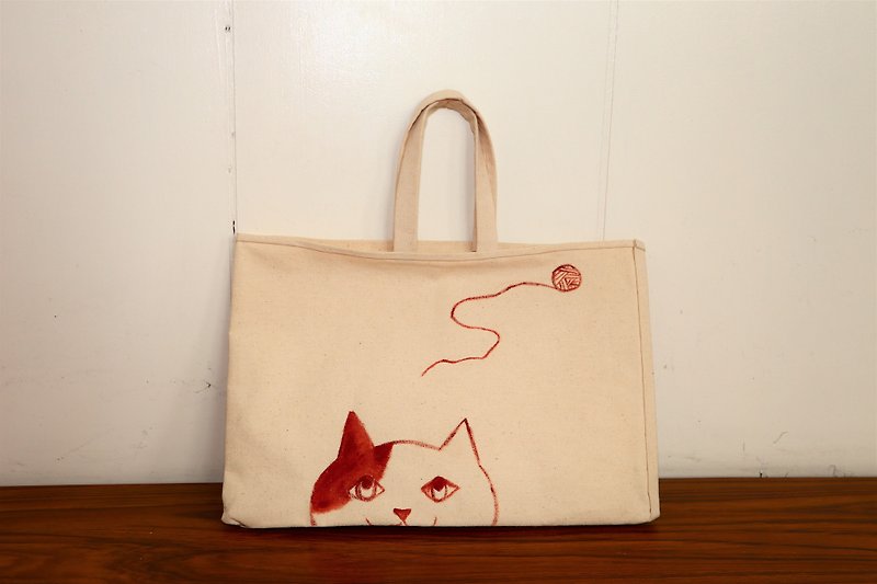 (DUO&乐乐联名限量产品) Curious猫咪 小提袋(限量一件) - 手提包/手提袋 - 棉．麻 白色