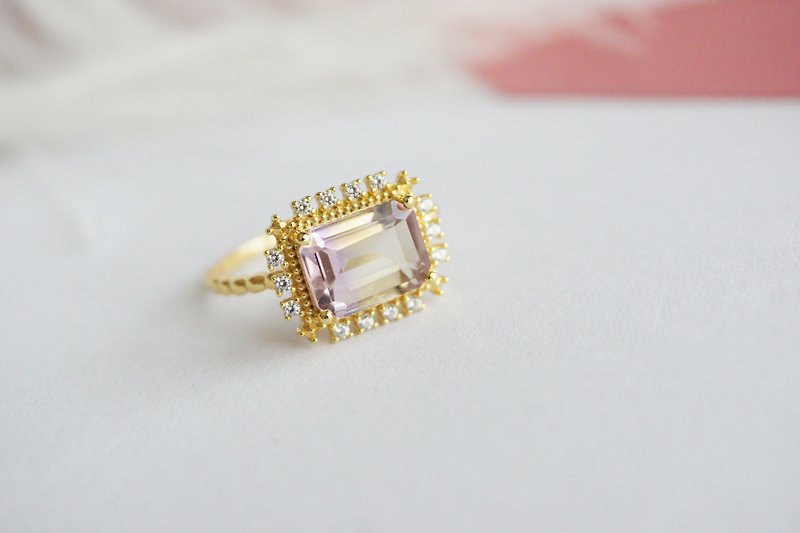Natural gemstone band ring ,Silver 925 with rosegold plated, - 戒指 - 纯银 黄色