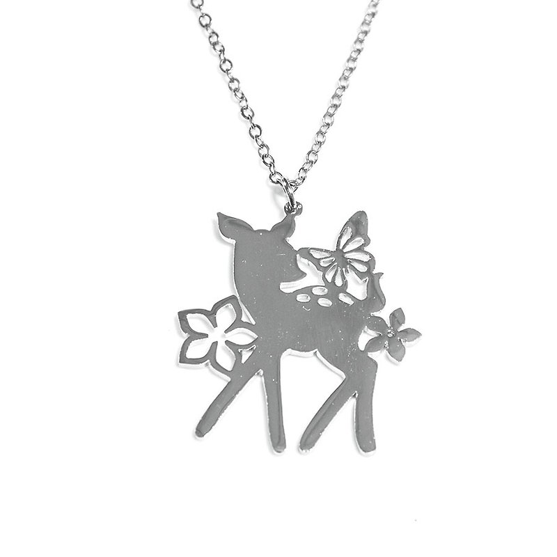 Cute bambi with flower and butterfly pendant - 项链 - 其他金属 银色