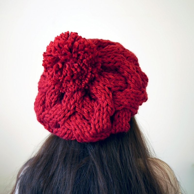 粗针麻花可拆毛球针织毛线贝蕾帽-经典红 - 帽子 - 羊毛 红色