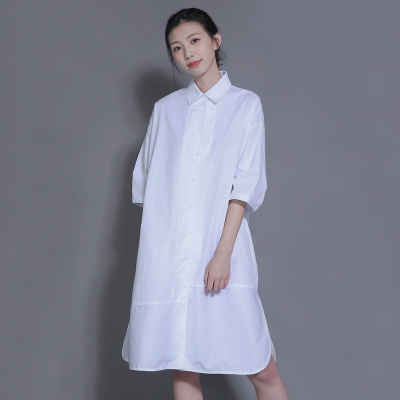 Evolution 演化拼接衬衫洋装_7SF024_白条纹 - 洋装/连衣裙 - 棉．麻 白色