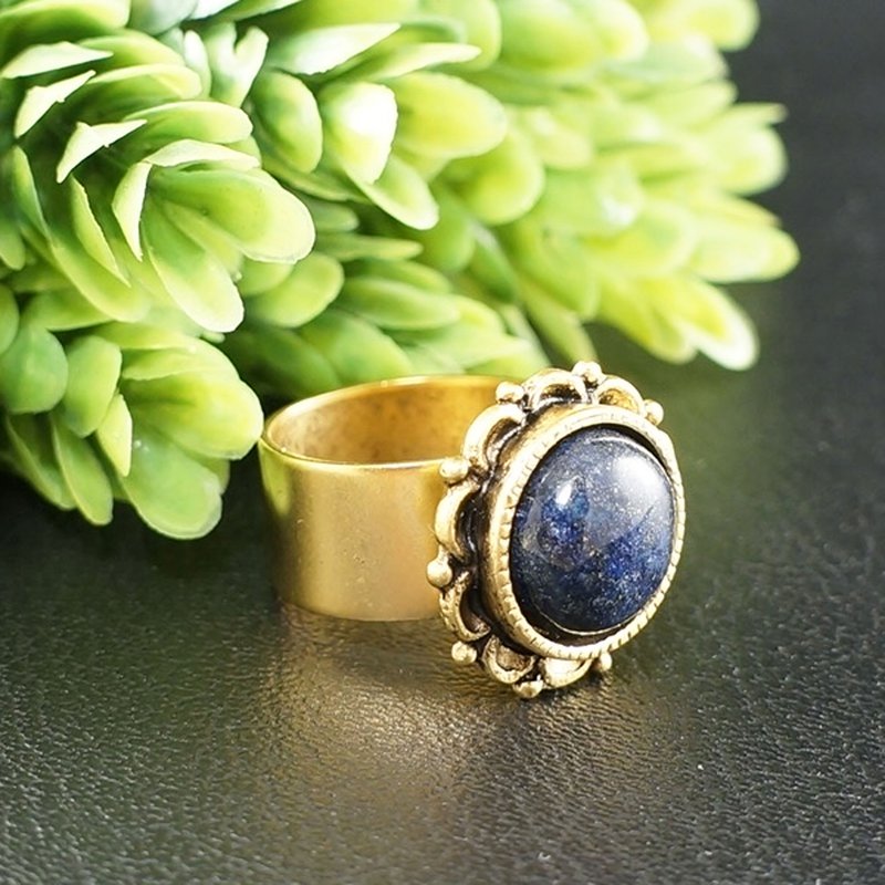 Lapis Lazuli Adjustable Ring Ultramarine Blue Lazurite Round Golden Ring Jewelry - 戒指 - 半宝石 蓝色