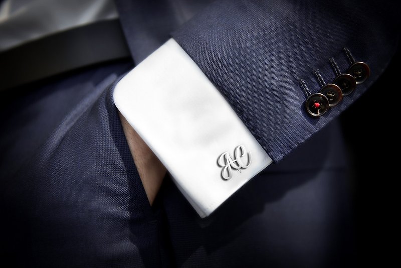 初始袖扣鈕扣 - 男士结婚袖扣 结婚袖扣 - 個性化袖扣刻有首字母 - 袖扣 - 纯银 银色