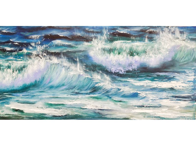海浪绘画海洋原创艺术品布面油画 40x80 厘米 - 海报/装饰画/版画 - 棉．麻 多色