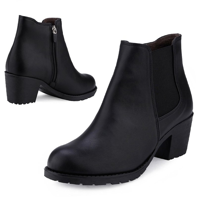 SPUR 简约加绒高跟切尔西短靴 JF7083 BLACK - 女款短靴 - 人造皮革 黑色