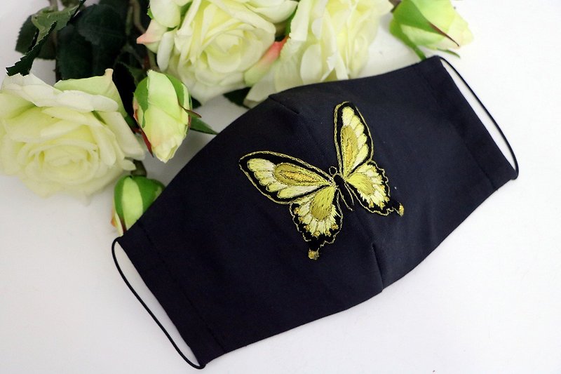 Face mask with yellow butterfly Reusable cloth mask Fashion embroidered mask - 口罩 - 棉．麻 黄色