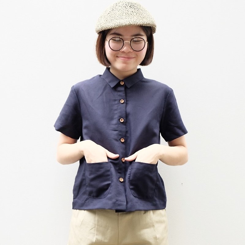 Mini-Pockets Shirt : navy - 女装上衣 - 棉．麻 蓝色