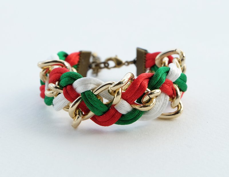 Christmas gift collection , Red/White/Green braided bracelet with chain - 手链/手环 - 其他材质 绿色