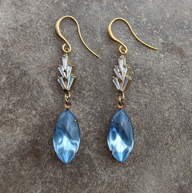淡蓝古董玻璃锆石黄铜耳环 - 耳环/耳夹 - 玻璃 蓝色