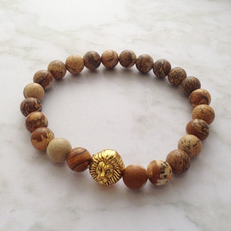 Gold Lion | brown stone | beaded bracelet - 手链/手环 - 石头 咖啡色